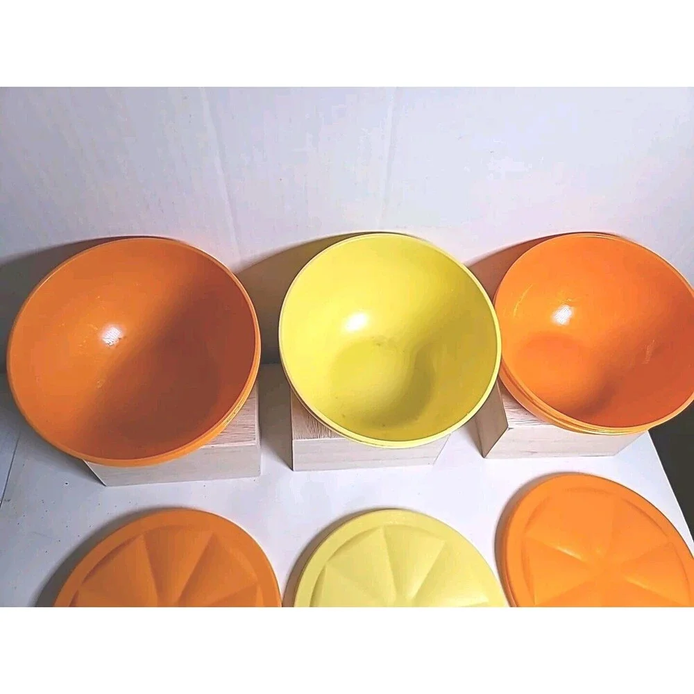 Lot Of 3 Tupperware Citrus Bowls Angled Yellow & Orange Containers With Lids